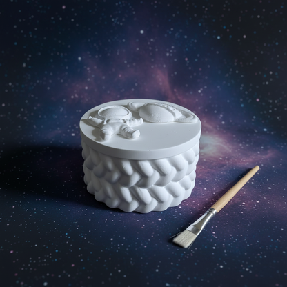 White plaster space trinket box with paintbrush on starry space background