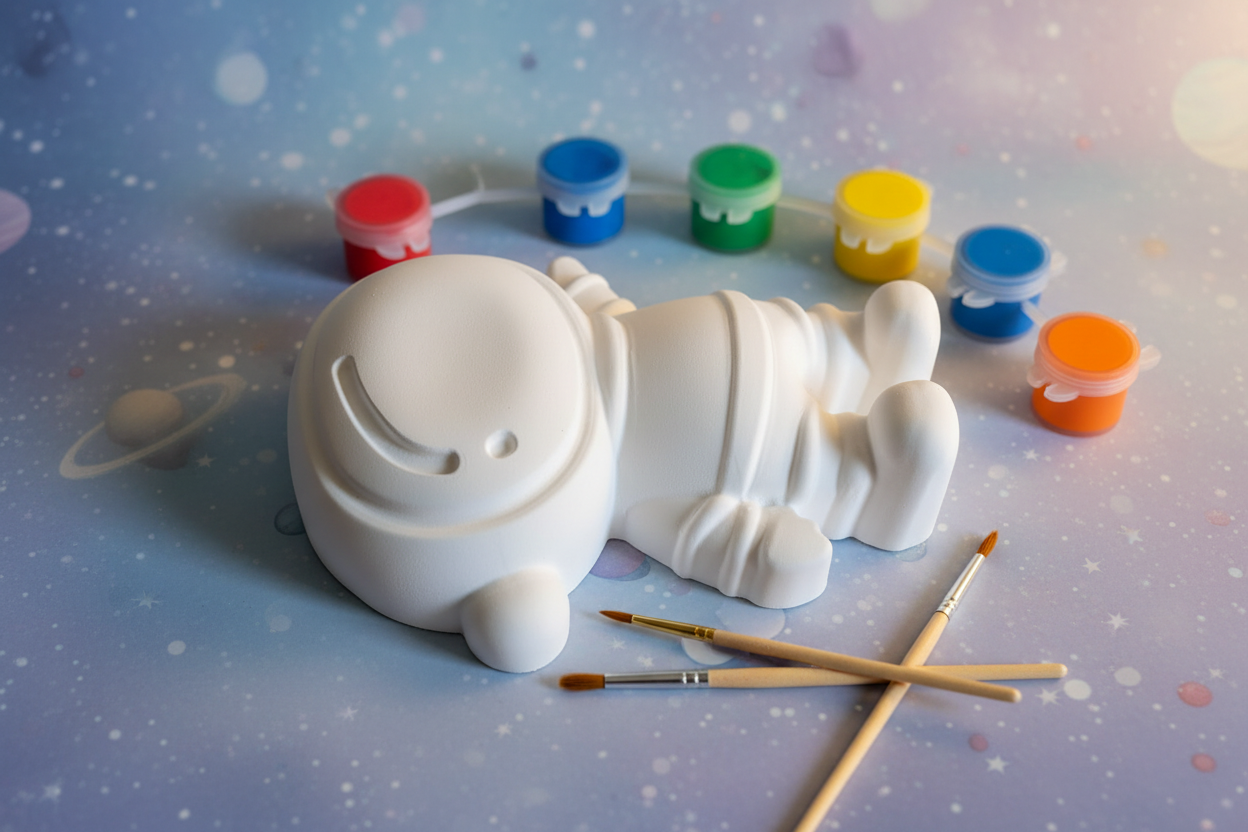 Paint Your Own Plaster Astronaut with space background and paint pots