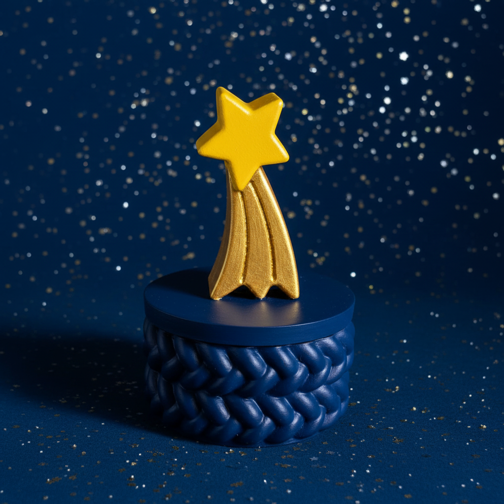 Painted golden shooting star trinket box with navy base on deep midnight blue starry sky background
