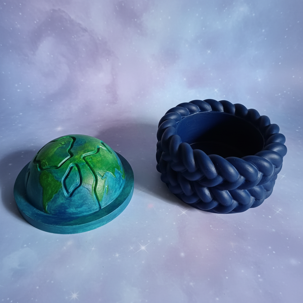 Painted half-globe trinket box lid off showing inside on lilac starry space background