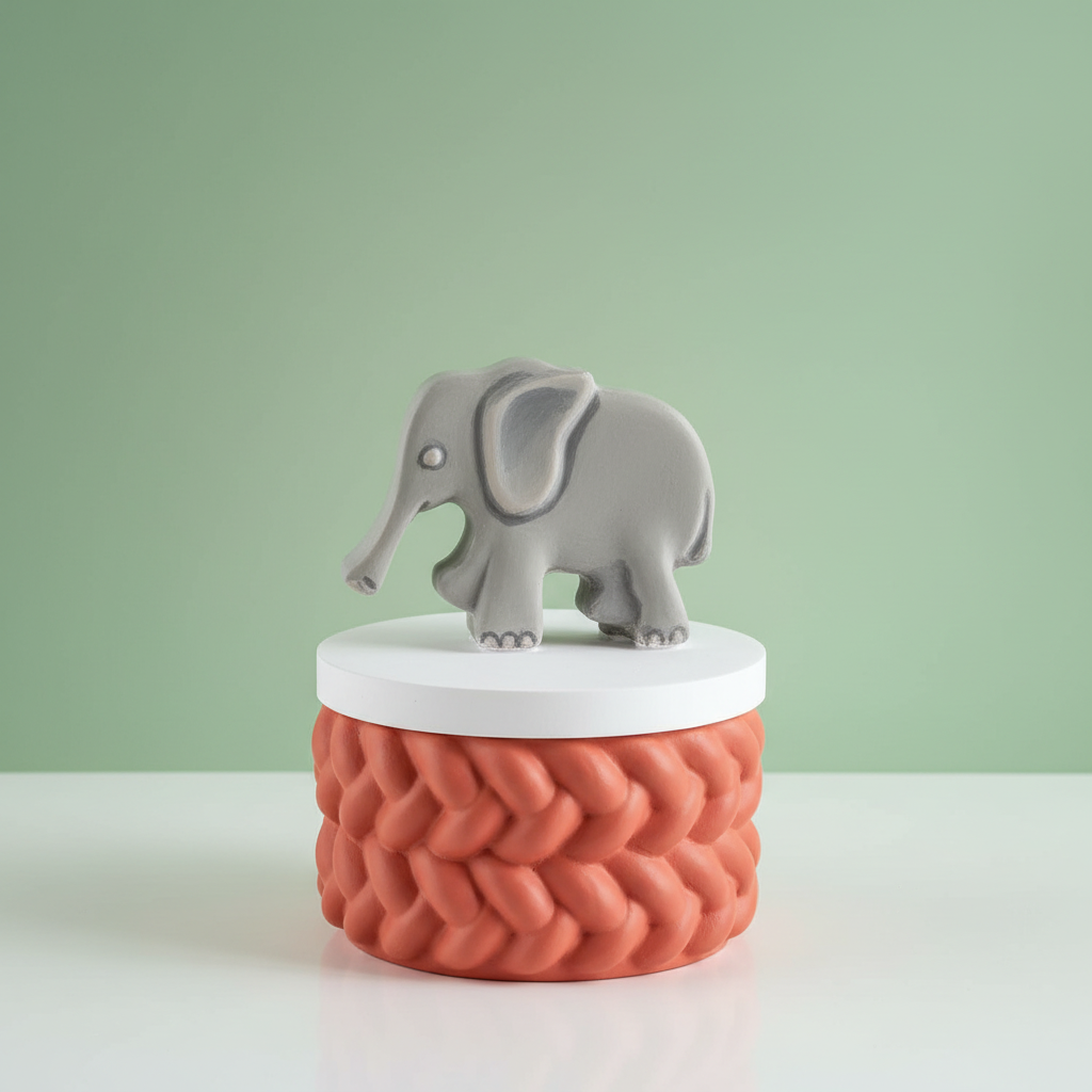 Painted grey elephant trinket box with coral base on sage green and mint background