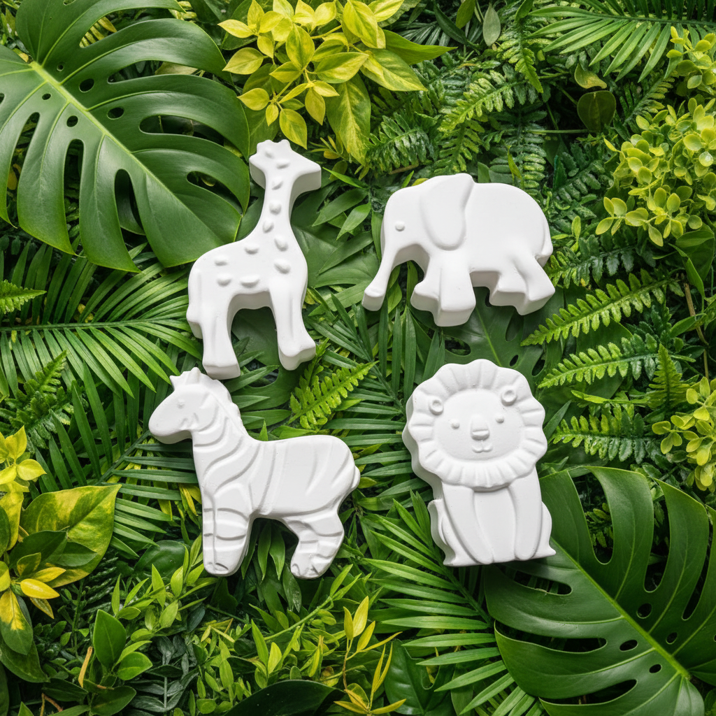 Safari animal set flat lay with vibrant jungle leaf background