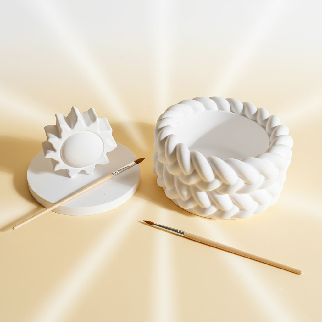 White plaster sun trinket box lid off with paintbrushes on soft warm yellow and white sunshine rays background