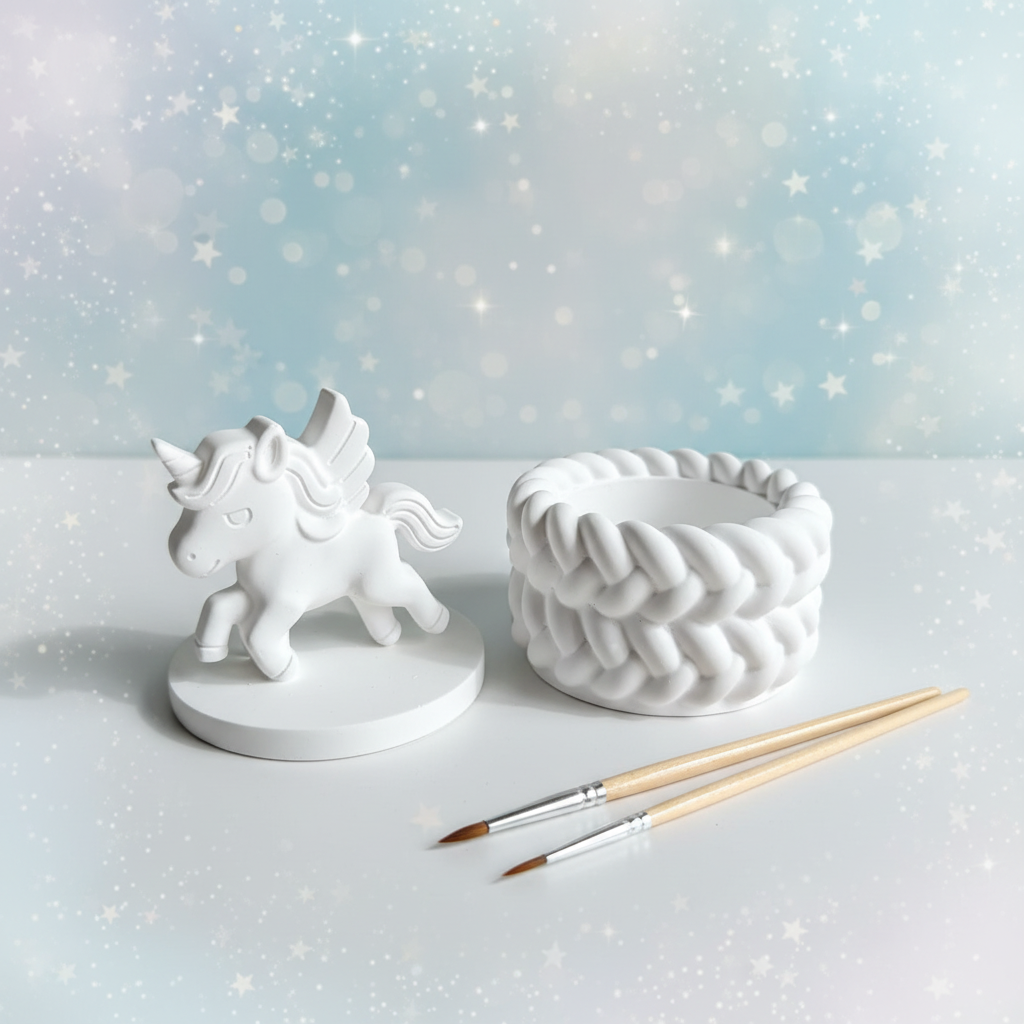 White plaster flying unicorn trinket box lid off with paintbrushes on soft pastel blue and white stars background