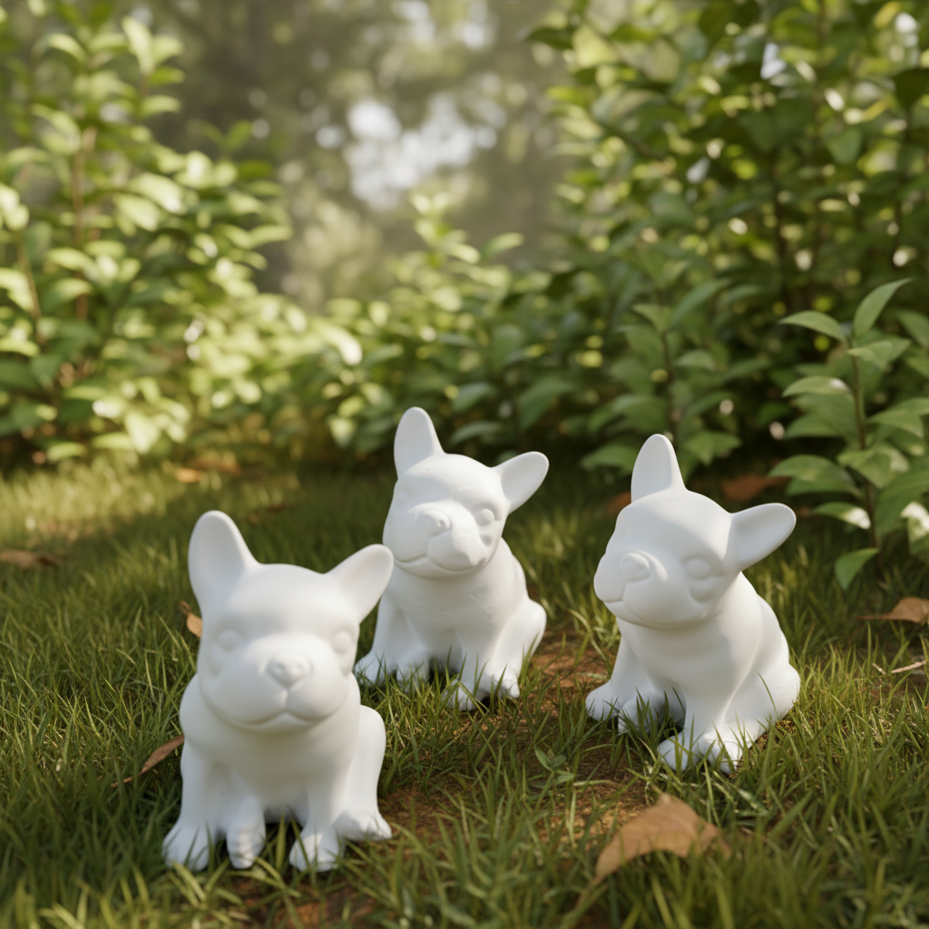 Three white plaster French Bulldog figures with natural background