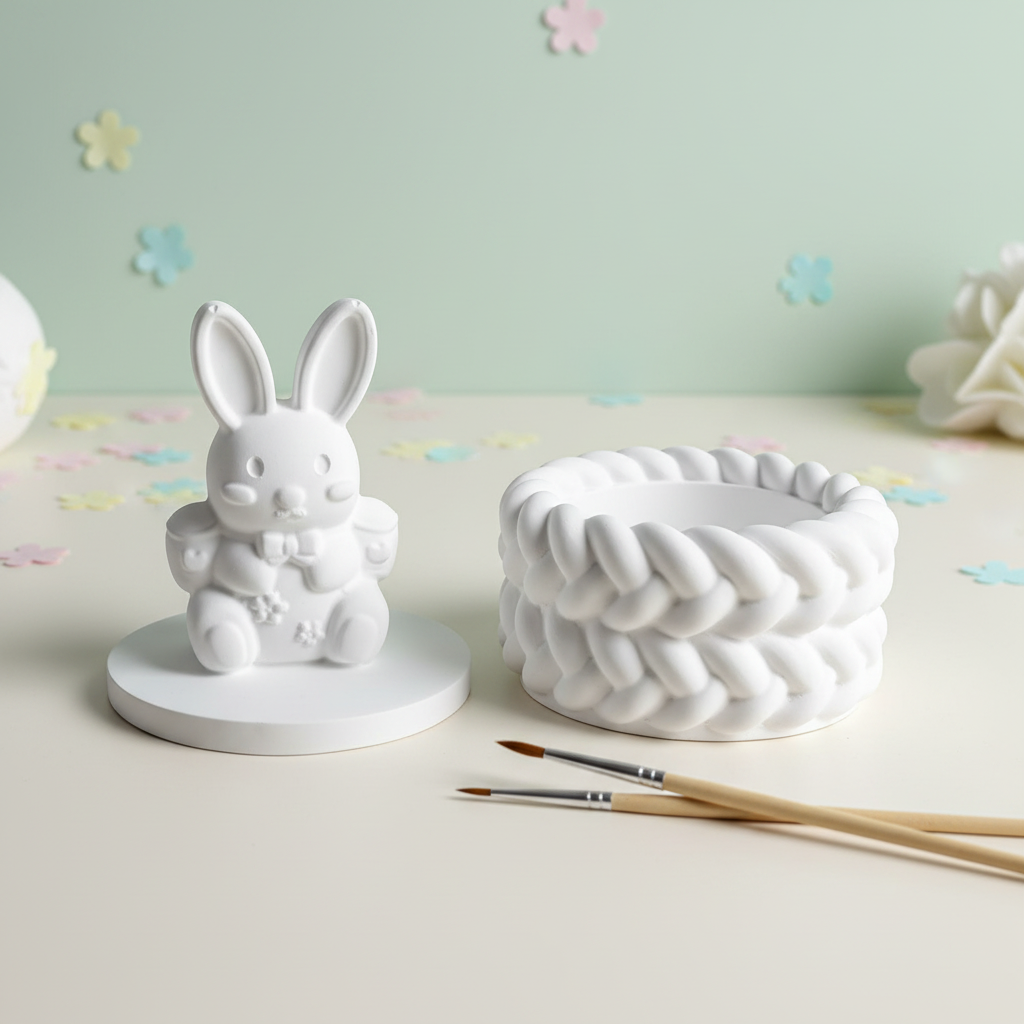 White plaster bunny rabbit trinket box lid off with paintbrushes on soft mint and white flower confetti background