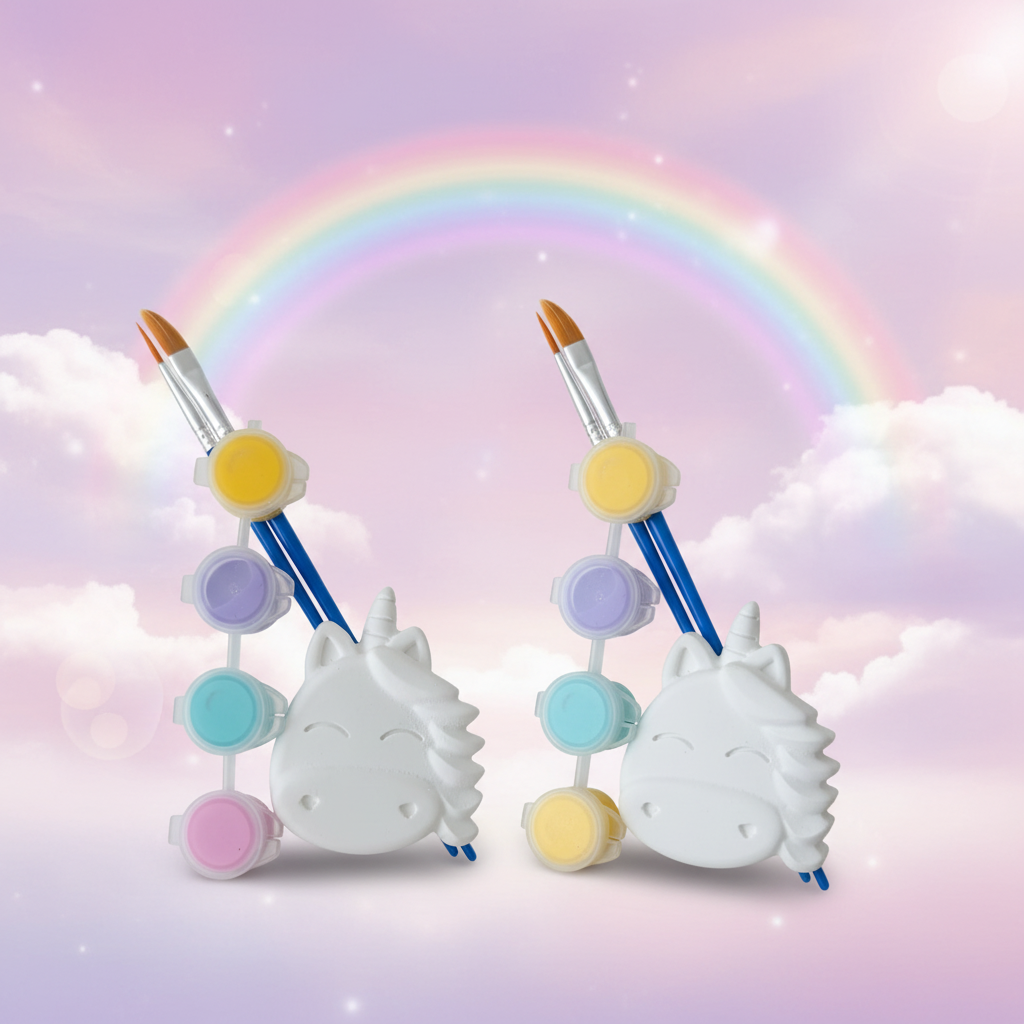 Two unicorn plaster kits with magical rainbow background