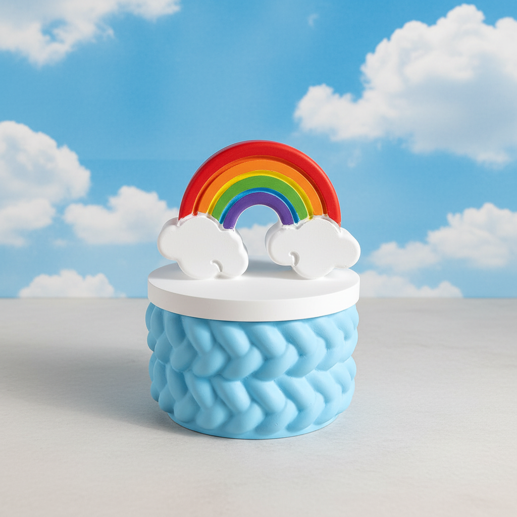 Painted bright rainbow trinket box with sky blue base on bright blue sky and clouds background