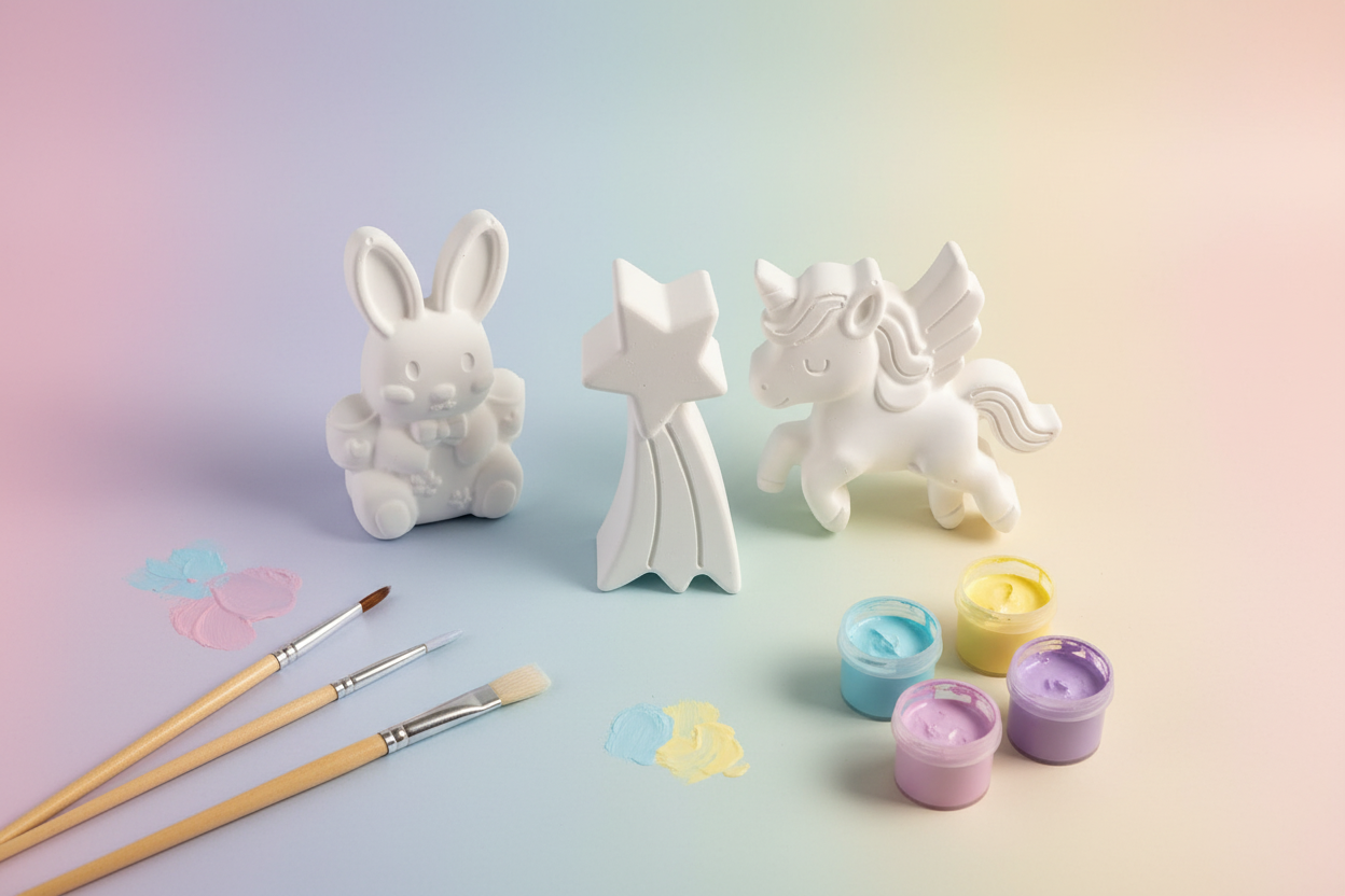 Paint Your Own Plaster Set with paintbrushes and pastel paint pots