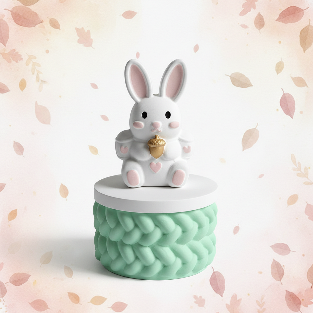 Painted white bunny rabbit trinket box with mint base on soft pastel autumn background