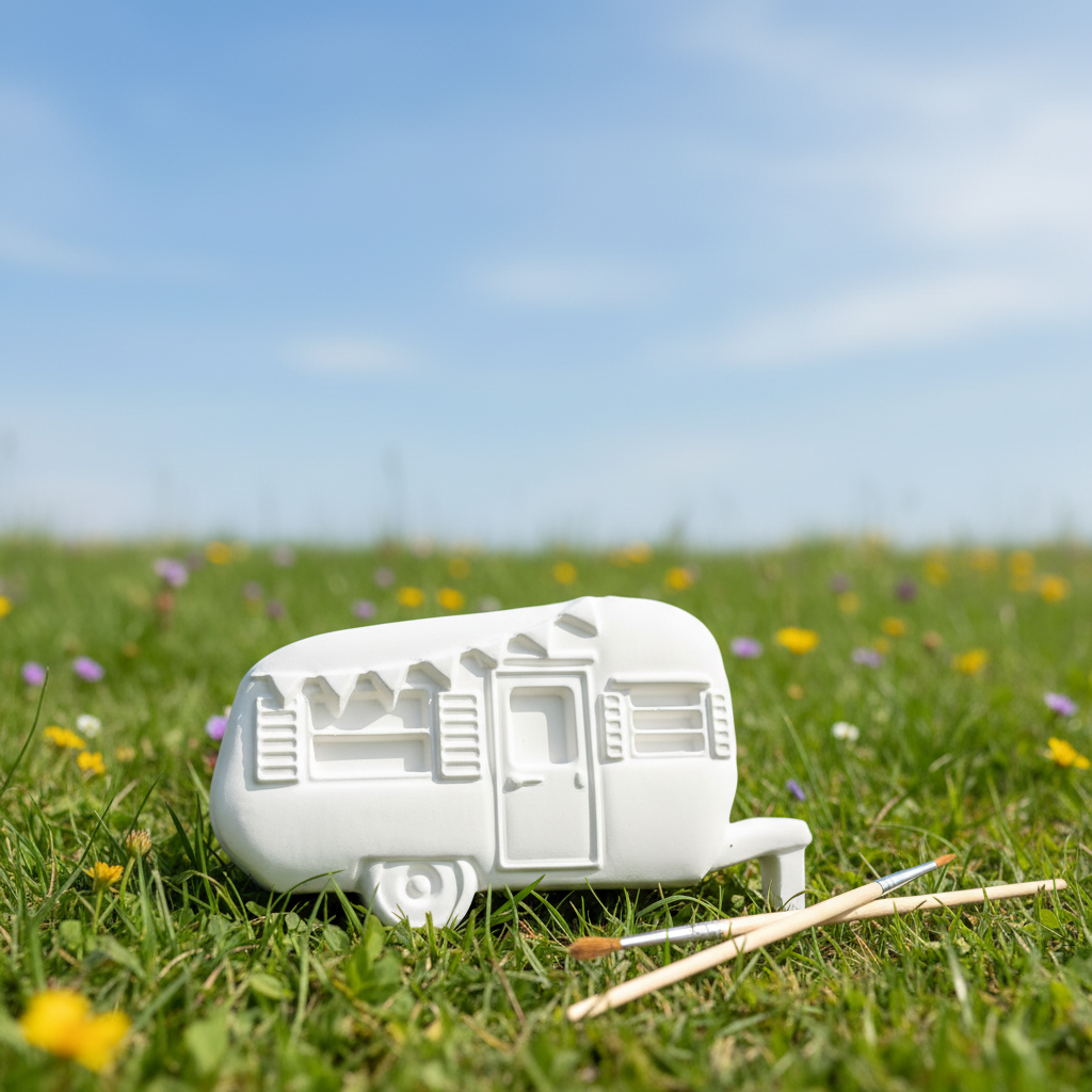 White plaster caravan with paintbrushes on soft green meadow and blue sky background