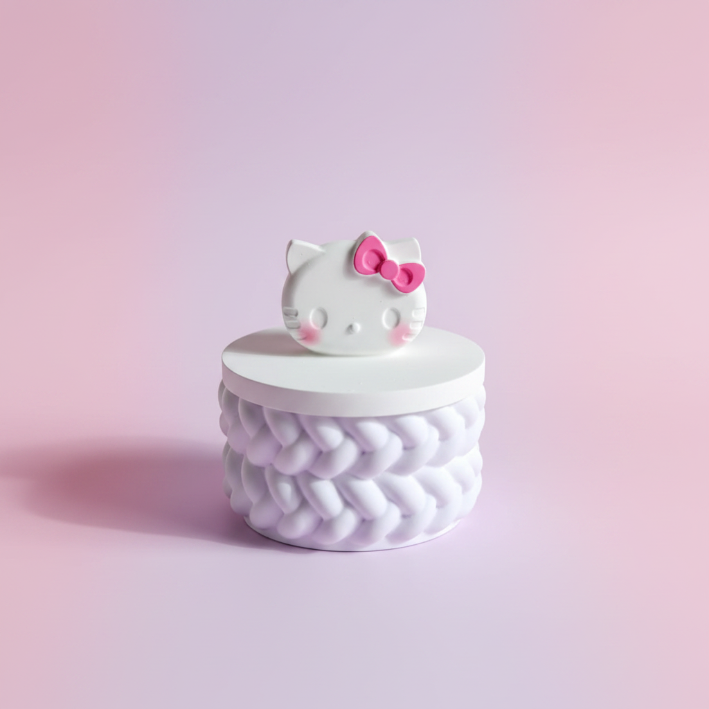 Painted cartoon cat face trinket box with pink bow and lilac base on pink and lilac background