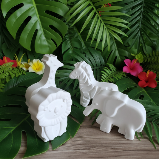 Safari animal set 3D angled view with jungle leaves