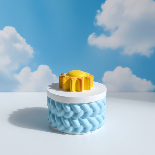 Painted golden sun trinket box with pastel blue base on bright blue sky and clouds background
