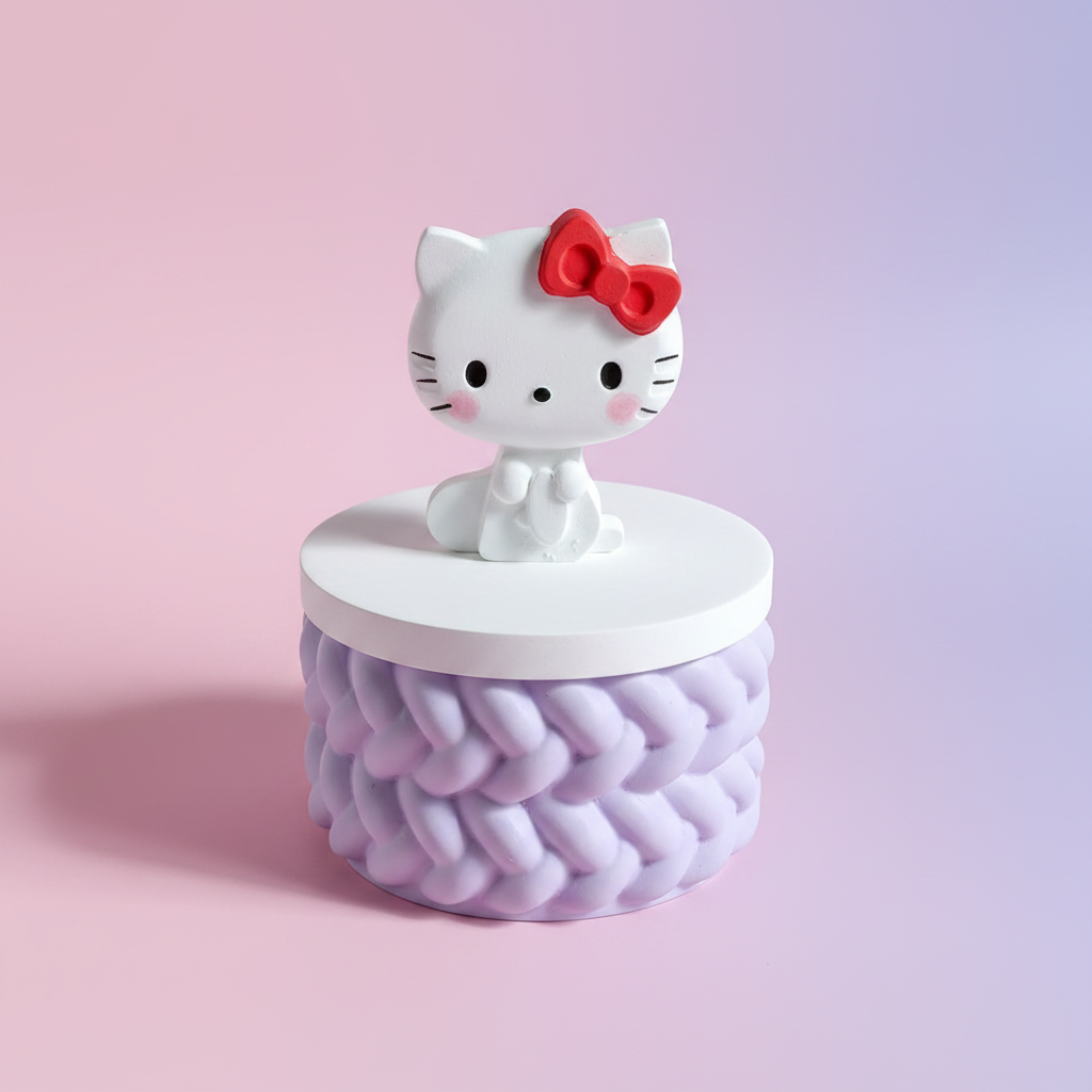 Painted cartoon cat figure trinket box with red bow and lilac base on pink and lilac background