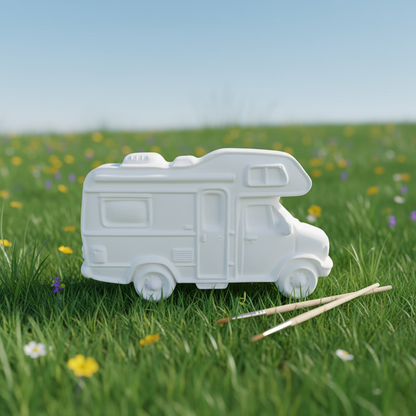 White plaster motorhome with paintbrushes on soft green meadow and blue sky background