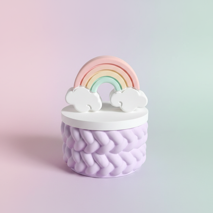 Painted pastel rainbow trinket box with lilac base on dreamy pastel pink lilac and mint gradient background