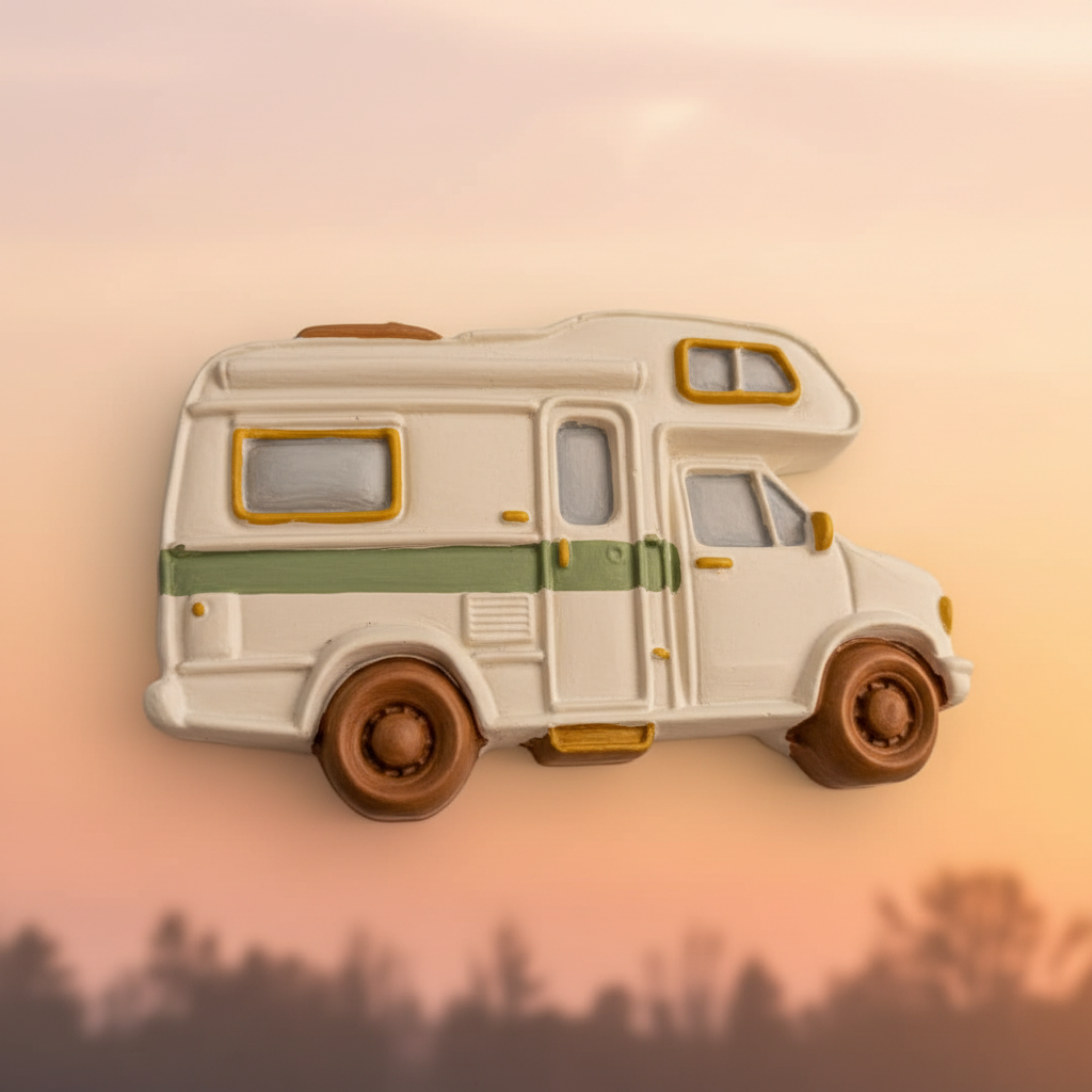 Painted cream sage green motorhome on warm sunset sky with tree silhouettes background