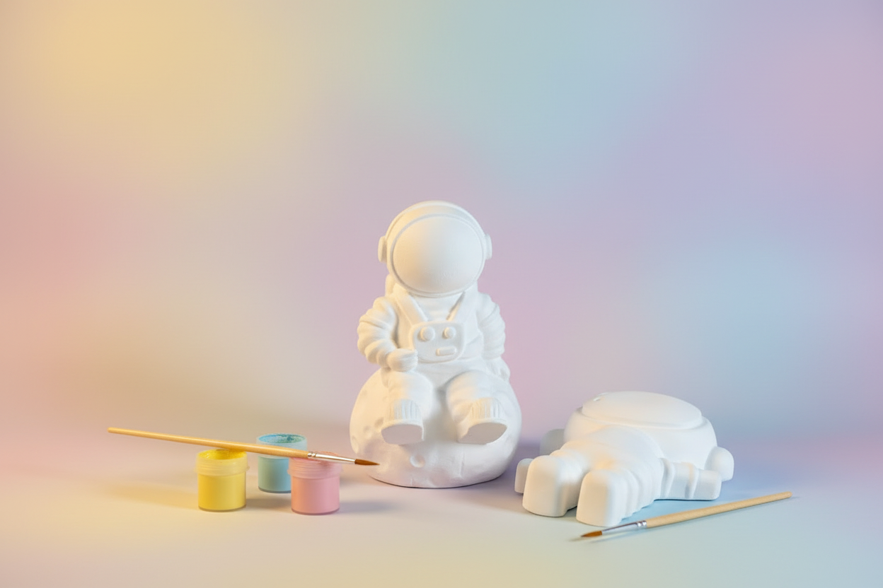 Paint Your Own Plaster Astronaut Duo with pastel background and paint pots