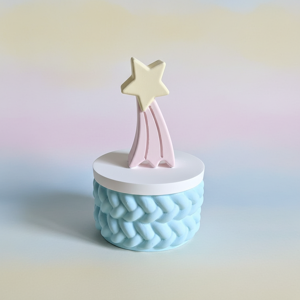 Painted pale lemon shooting star trinket box with baby blue base on soft pastel lemon pink and blue gradient background