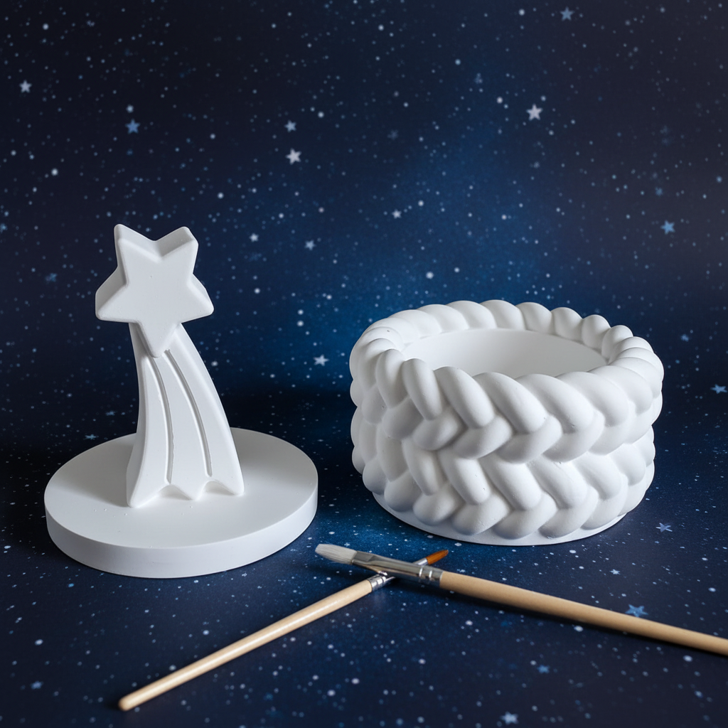 White plaster shooting star trinket box lid off with paintbrushes on soft navy and silver sparkle background