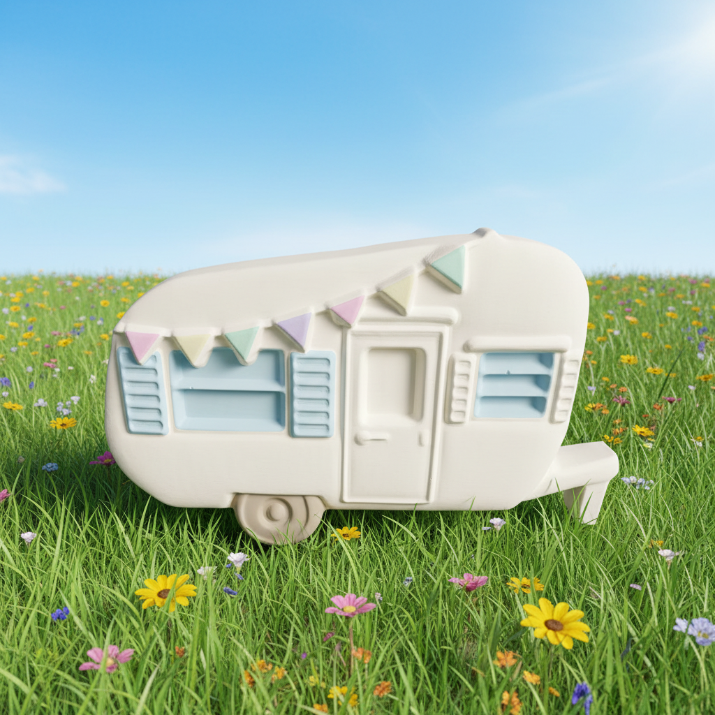 Painted cream caravan with pastel pink mint lemon bunting on sunny meadow background