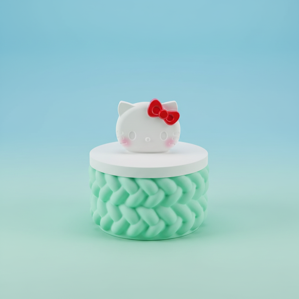 Painted cartoon cat face trinket box with red bow and mint green base on mint and baby blue background