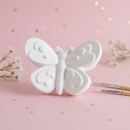White plaster butterfly with paintbrushes on blush pink gold stars background