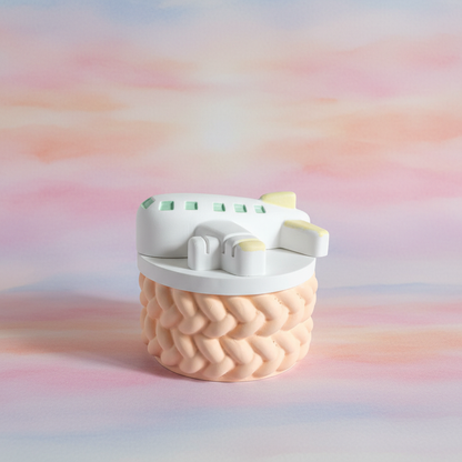 Painted white yellow and mint aeroplane trinket box with peach base on dreamy pastel sunset sky background